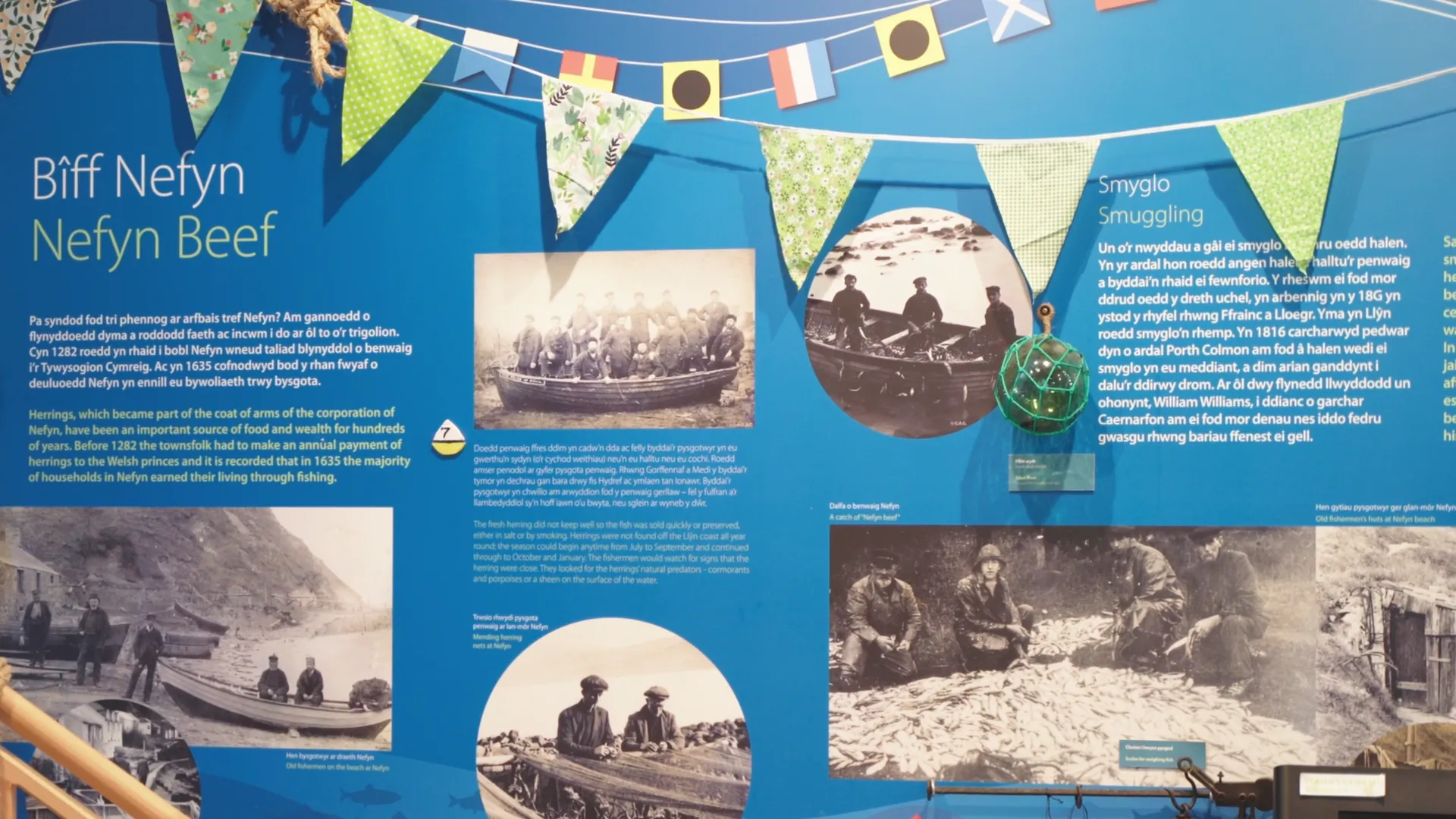 Bîff Nefyn / Nefyn Beef exhibition panel at Amgueddfa Forwrol Llŷn telling the story of the Nefyn herring industry and 1816 smuggling.