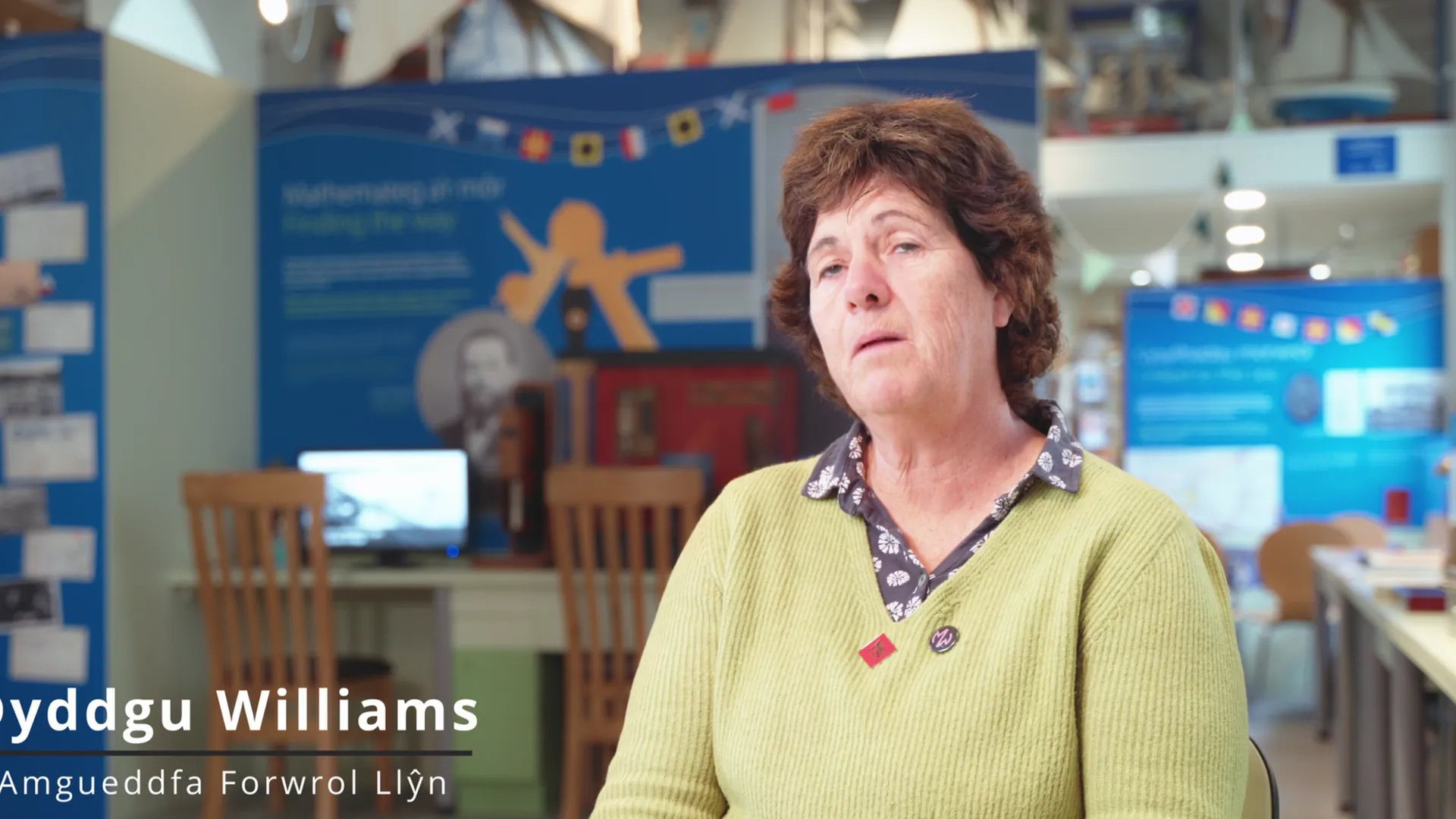 Dyddgu Williams, curator of Amgueddfa Forwrol Llŷn, interviewed in the museum gallery for Menter Môn community film, Nefyn.