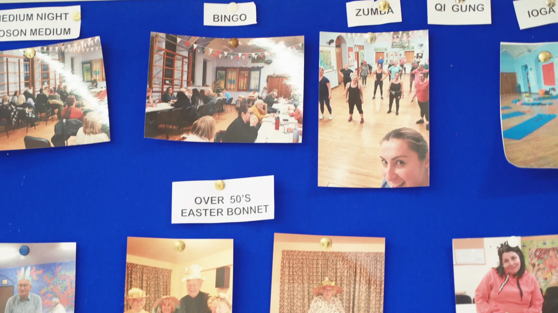 Activities noticeboard at Bodorgan Community Centre — bingo, Zumba, qi gung, yoga and over-50s events.