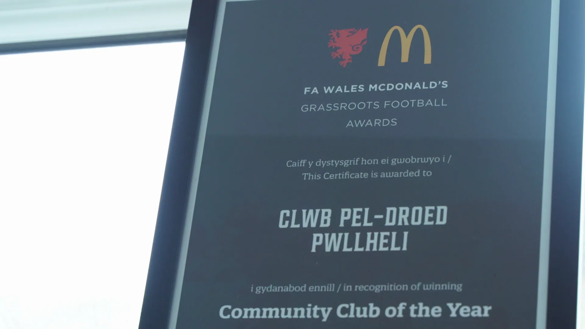 FA Wales McDonald's Grassroots Football Awards — Community Club of the Year certificate awarded to CPD Pwllheli, 2024.