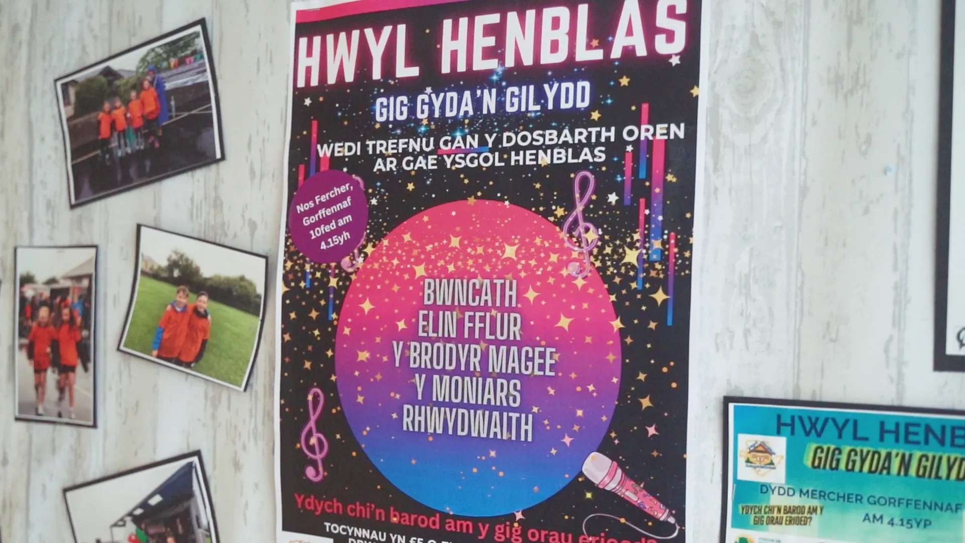 Hwyl Henblas 2024 event poster — Bwncath, Elin Fflur, Y Brodyr Magee, Y Moniars and Rhwydwaith on the lineup, organised by Dosbarth Oren.